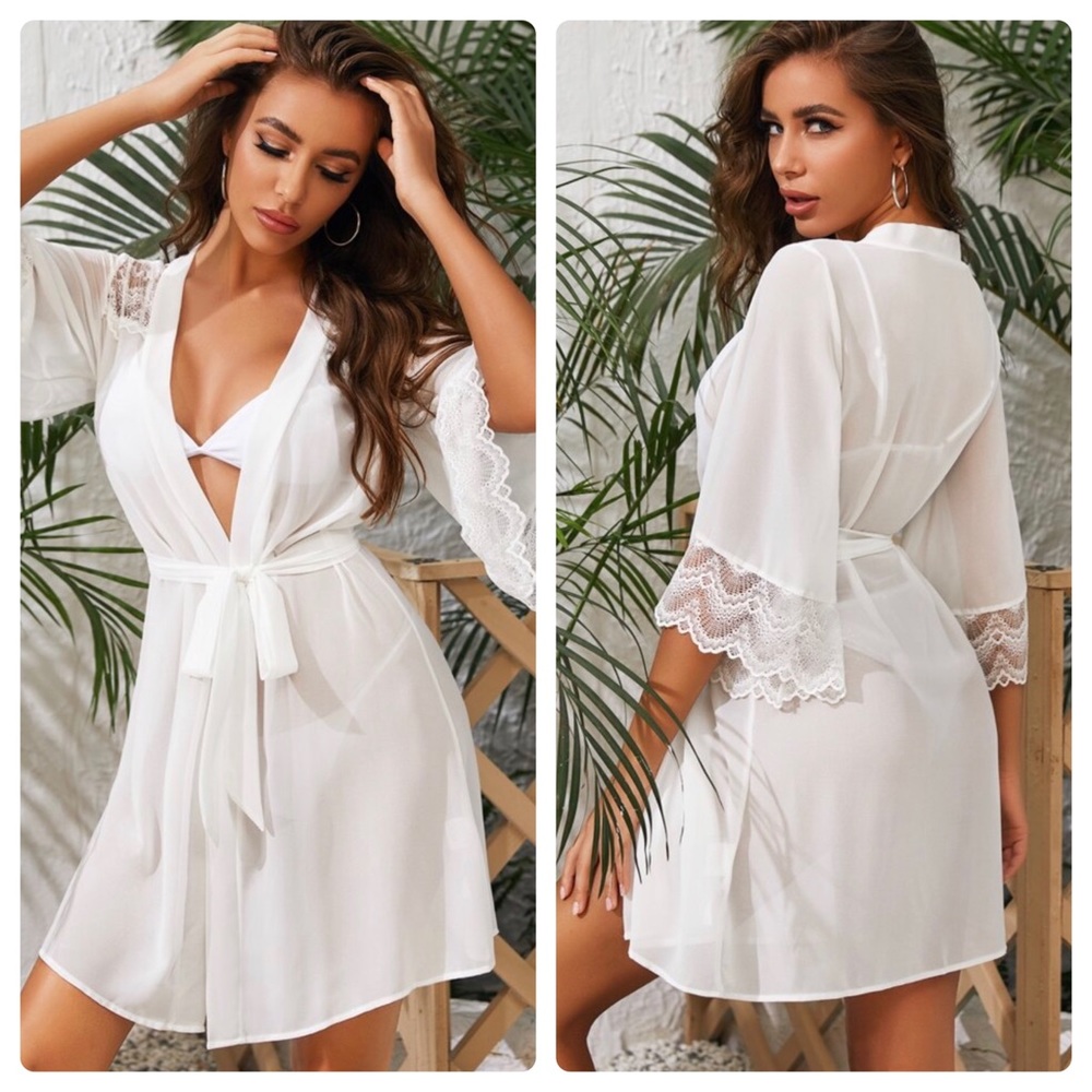 New Lace Trim Belted White Robe